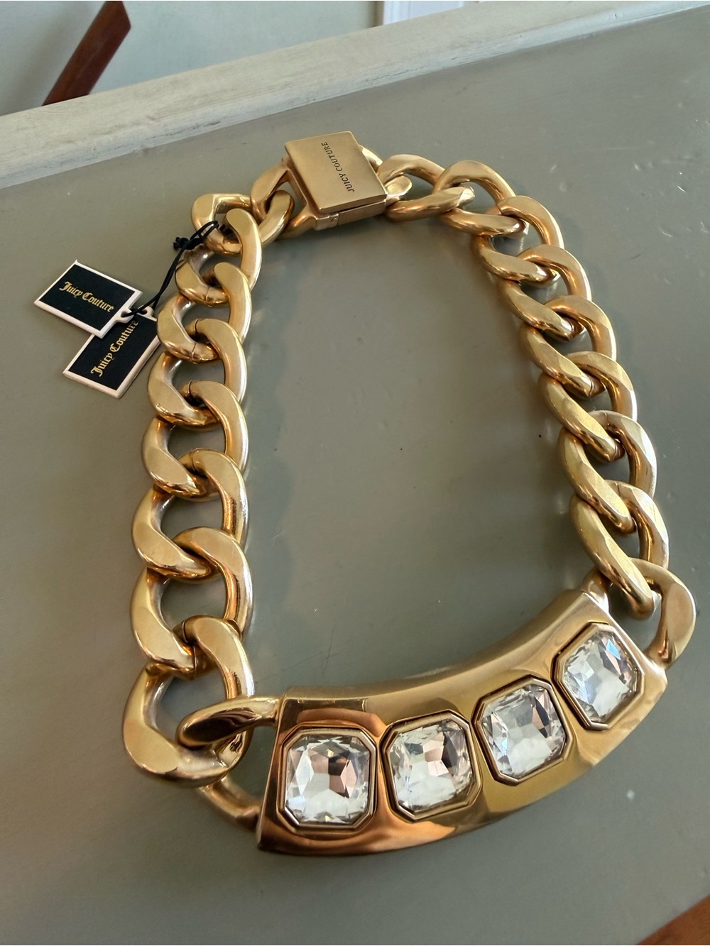 Juicy Couture Gold-Tone Curb Necklace with Clear Crystal Panel